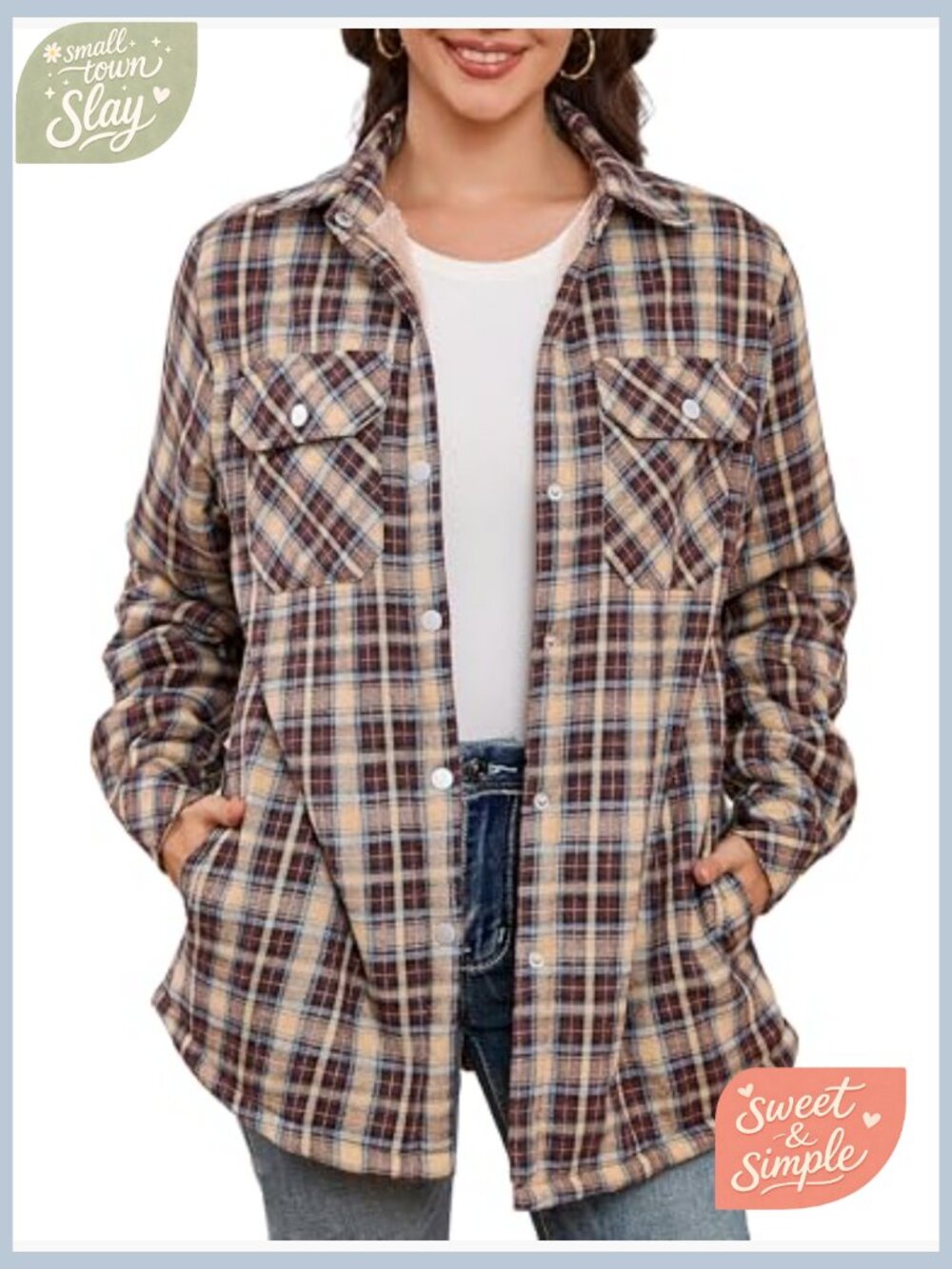 Fleece Lined Flannel Button Down Shirt Jacket Cotton Plaid Sherpa - Picture 2 of 7